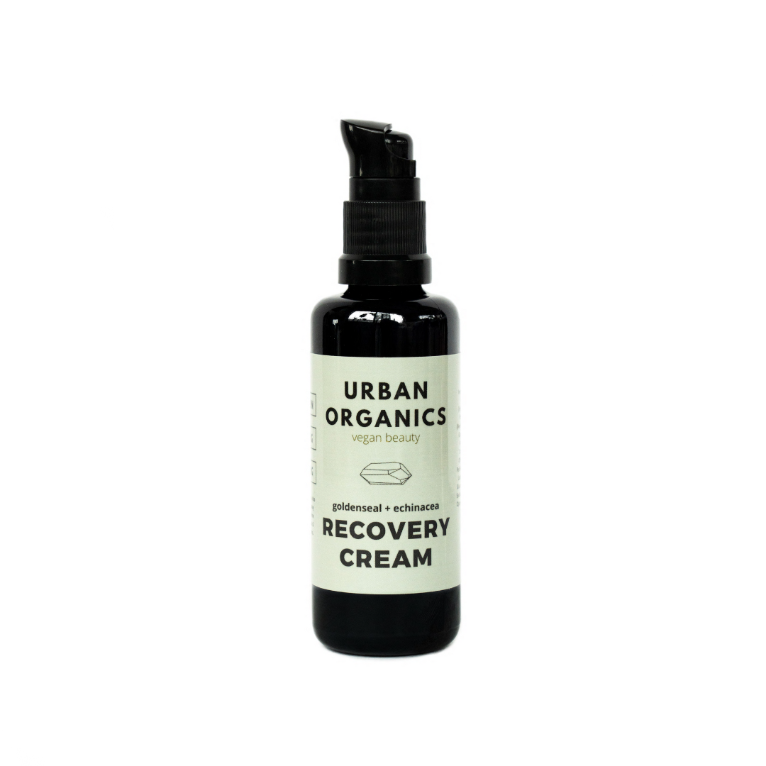 Anti-inflammatory recovery facial cream. A light weight moisturizer with goldenseal and echinacea that penetrates deep in the skin. Prevents trans-epidermal water loss and keeps skin hydrated and protected. Contained in a uv glass pump bottle with a compostable label. Shipped with compostable and recyclable materials.