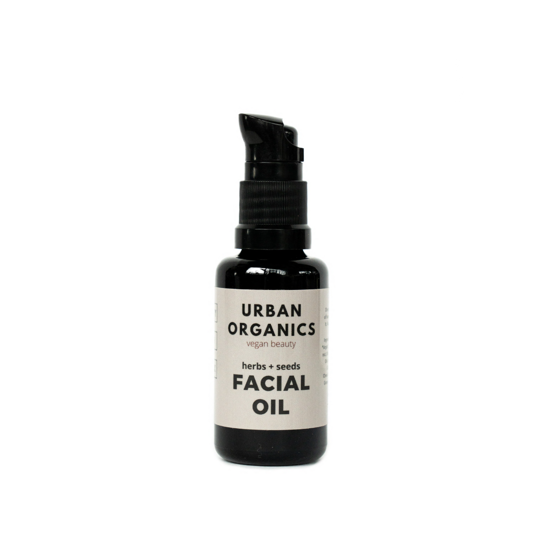 A facial oil that was created to penetrate and absorb quickly while also providing a barrier from the external elements. The herbs and seeds facial oil hydrates, softens, and holds moisture in the face. Helps to ease the appearance of wrinkles and supports the skin structure from sagging and drying up. Contained in a 1 ounce uv glass bottle with a pump, compostable label and we ship only using compostable and recyclable  materials.  