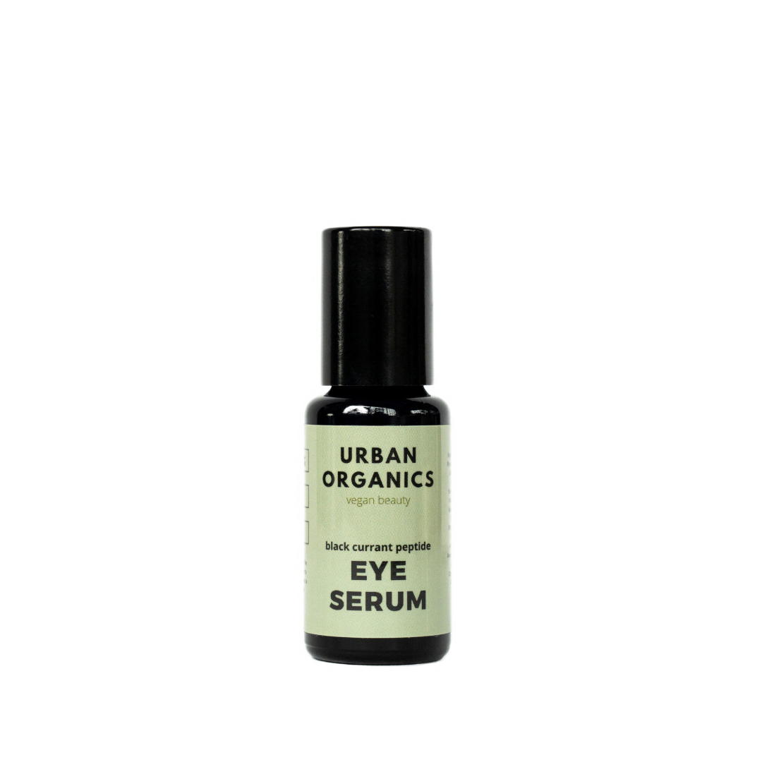 Black Currant Peptide Eye Serum, is brightening, tightening.  Vegan Hydrating Eye Serum in a glass bottle with stainless steel roller ball for cooling effect for the eyes. 